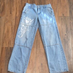 Light Blue Denim Jeans with White Floral Heart Print